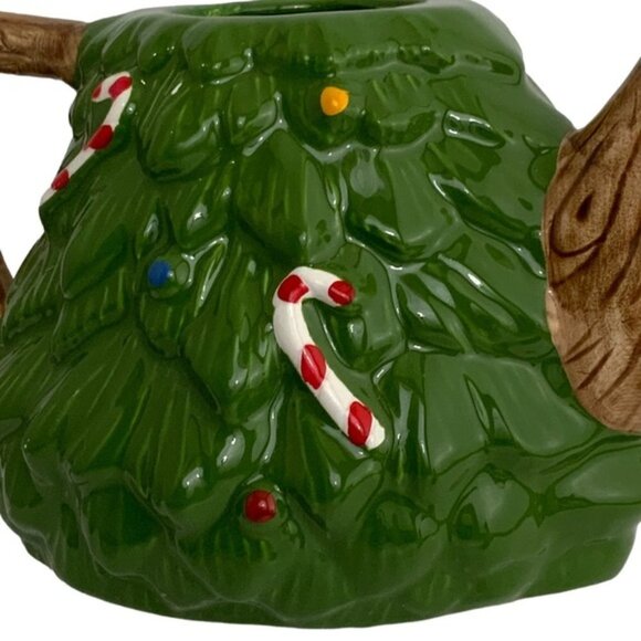 Holiday Teapot Christmas Tree Whimsical Vintage Glazed Ceramic Hand Painted - Picture 8 of 16